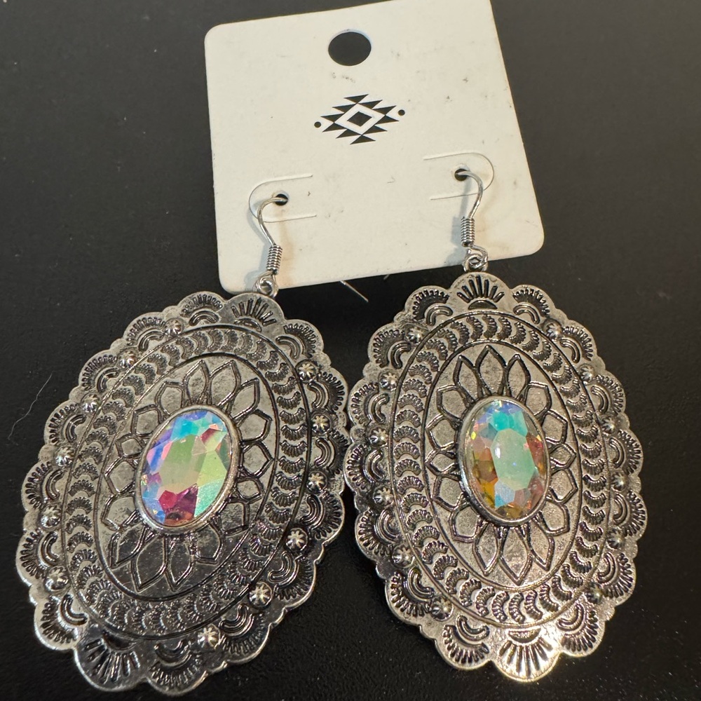 Western Silver and Iridescent Concho Drop Earrings